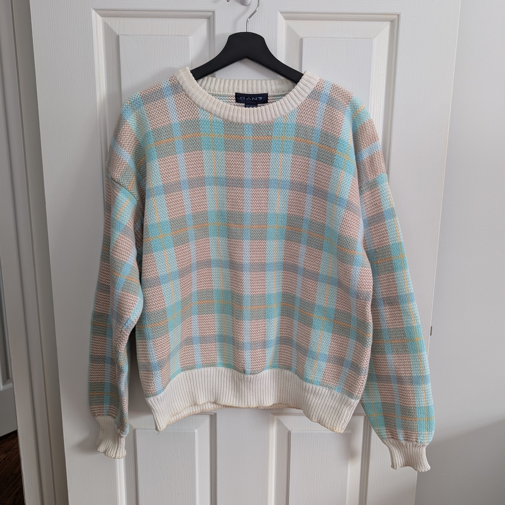 GANT Women's Cotton Plaid Crewneck Sweater Cream, Light Blue & Yellow Large